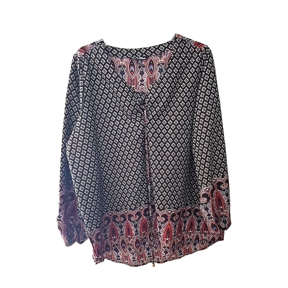 Time To Bloom Black Floral Paisley Tie Neck V-Neck Peasant Top Womans Size 2X